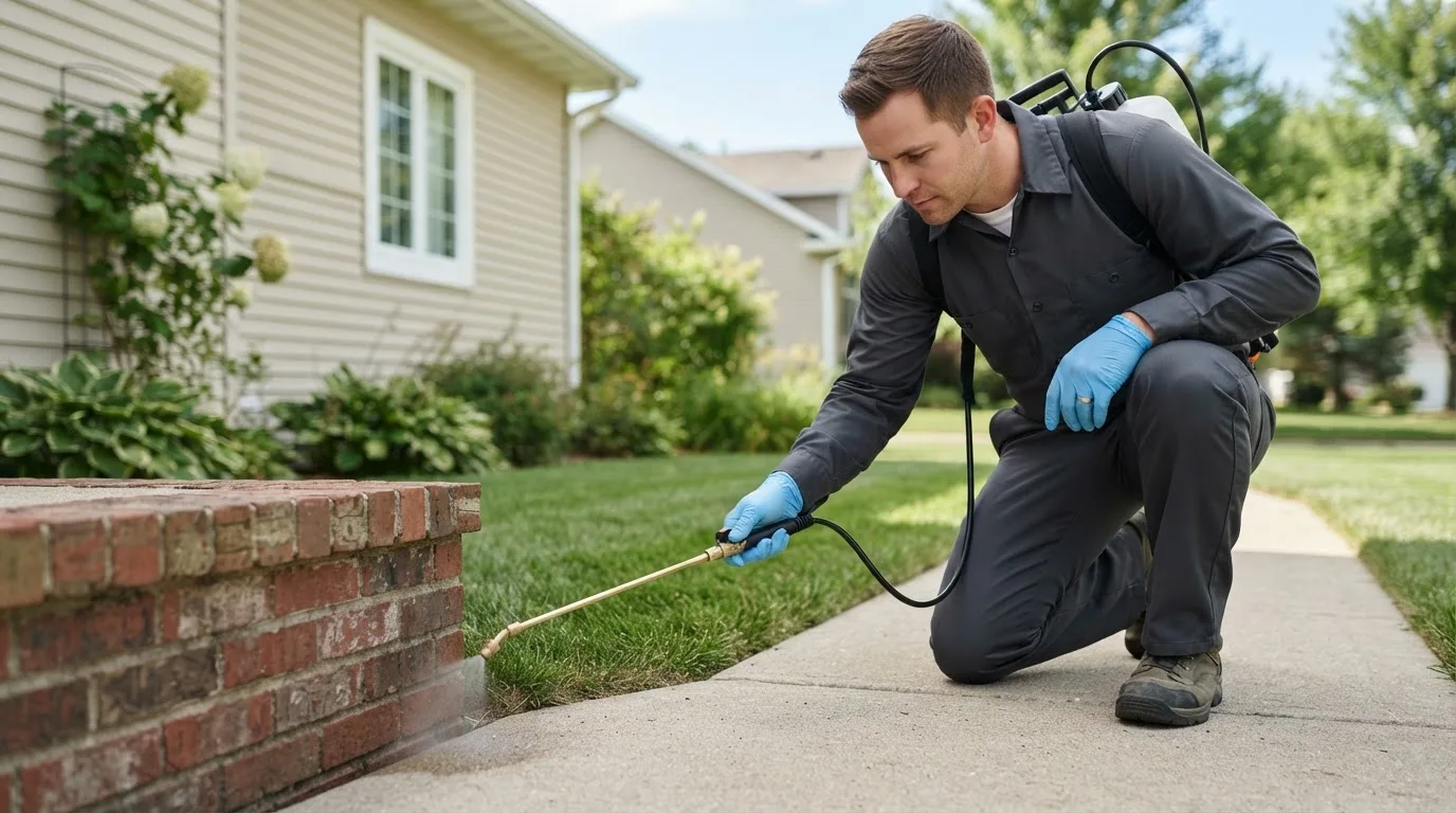 Pest control technician treating a home near Pimento, IN