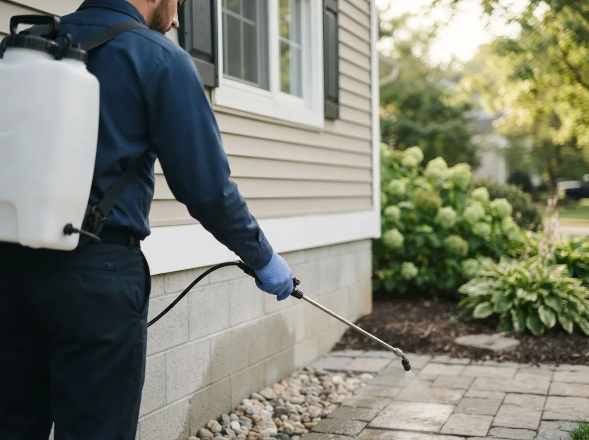 Pest control technician inspecting a home in Pimento, IN